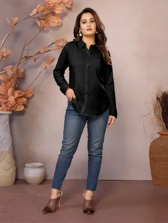 Golden Pure Viscose Collared Neck Hip Length Half Sleeve Shirt For Women ( black, XS )