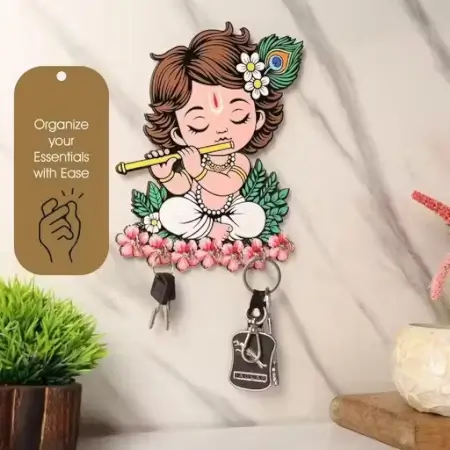 Premium Little Krishna Wooden Wall Key Holder – Multicolor Decorative Organizer ( default, Standard )