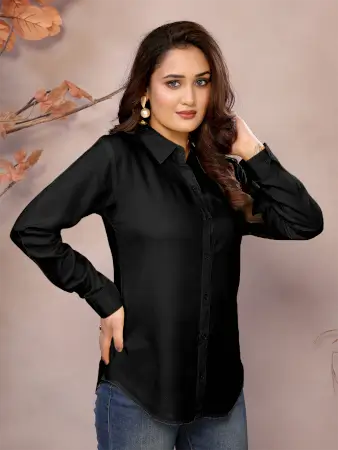 Golden Pure Viscose Collared Neck Hip Length Half Sleeve Shirt For Women ( black, XS )