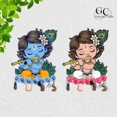 Premium Little Krishna Combo Wooden Wall Key Holder – Decorative Wall Mounted Organizer (Pack of 2) ( default, Standard )