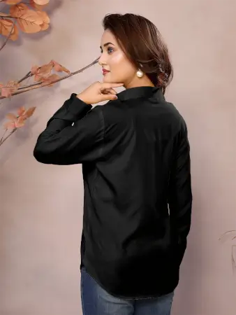 Golden Pure Viscose Collared Neck Hip Length Half Sleeve Shirt For Women ( black, XS )