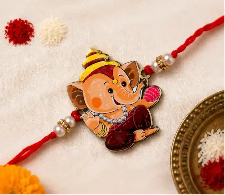 Friendly Wooden Ganpati Bappa Cartoon Rakhi for Kids | Handmade Rakshabandhan Rakhi with Roli Chawal ( default, OS )